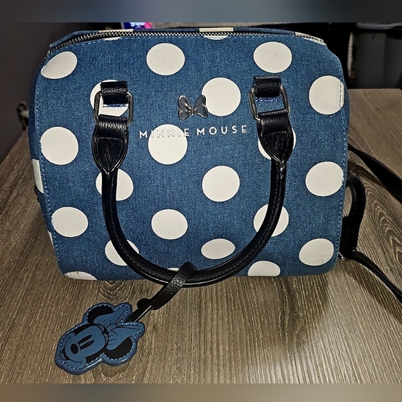 Disney Loungefly Minnie Mouse Denim Polka Dot Purse With Matching Zip Wallet - Picture 2 of 13